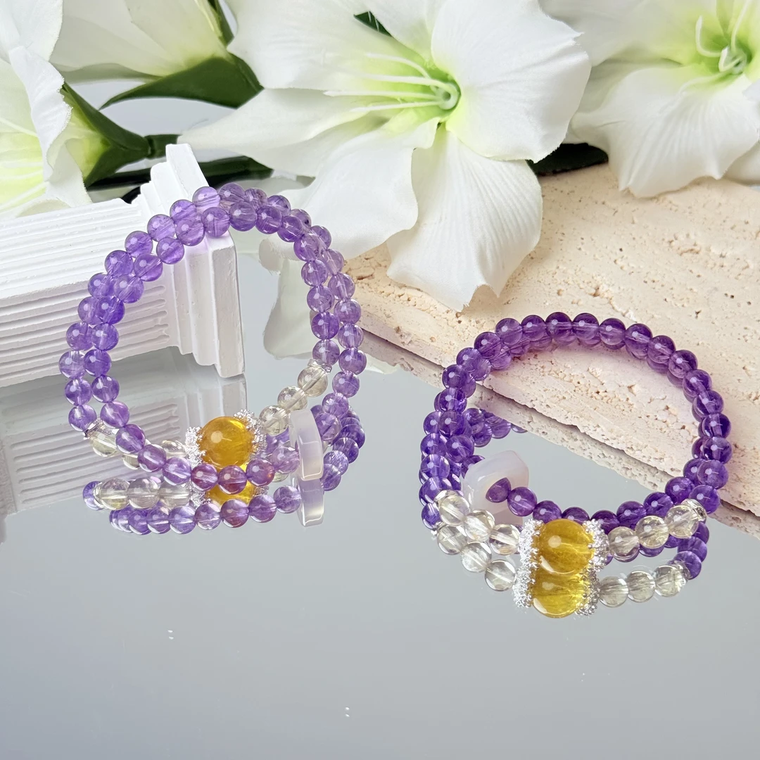 【1894 紫火】紫水晶黄水晶萤石手串6-10mm手串面小仙多样性发其一Z