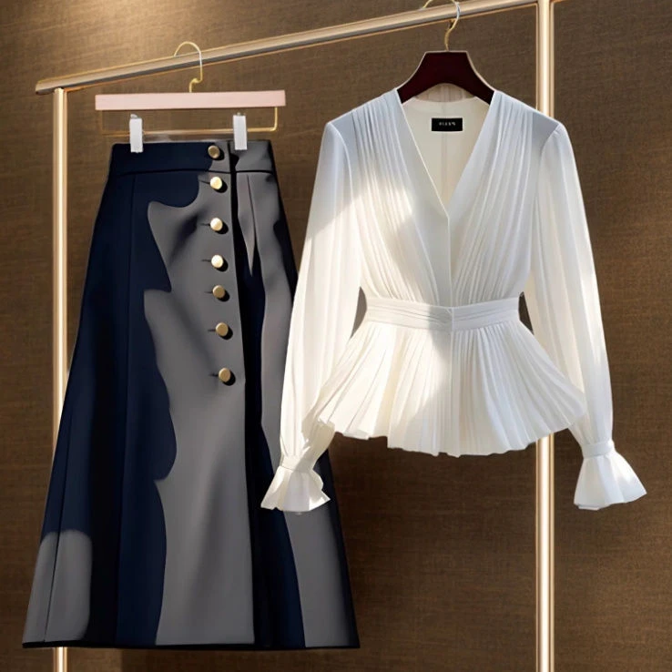 春季新款气质V领长袖上衣套装法式小众独特漂亮洋气显瘦一整套潮