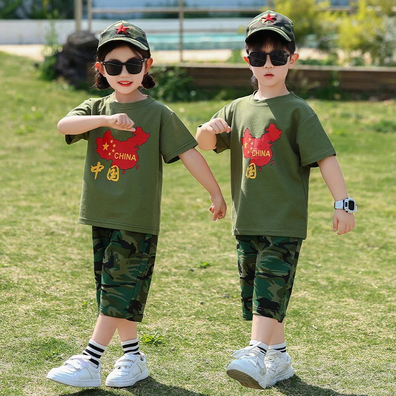 儿童夏装男童短袖迷彩套装2025新款男女孩幼儿园军旅风六一演出服