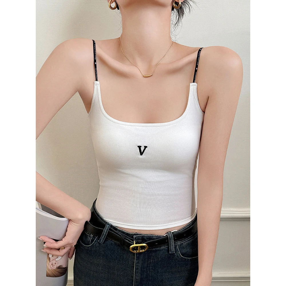 白色吊带背心女夏内搭字母带胸垫薄款美背文胸一体打底上衣可外穿