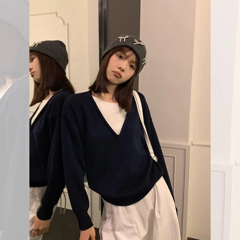 藏蓝假两件针织衫女秋季新款宽松高级慵懒韩系毛衣长袖上衣