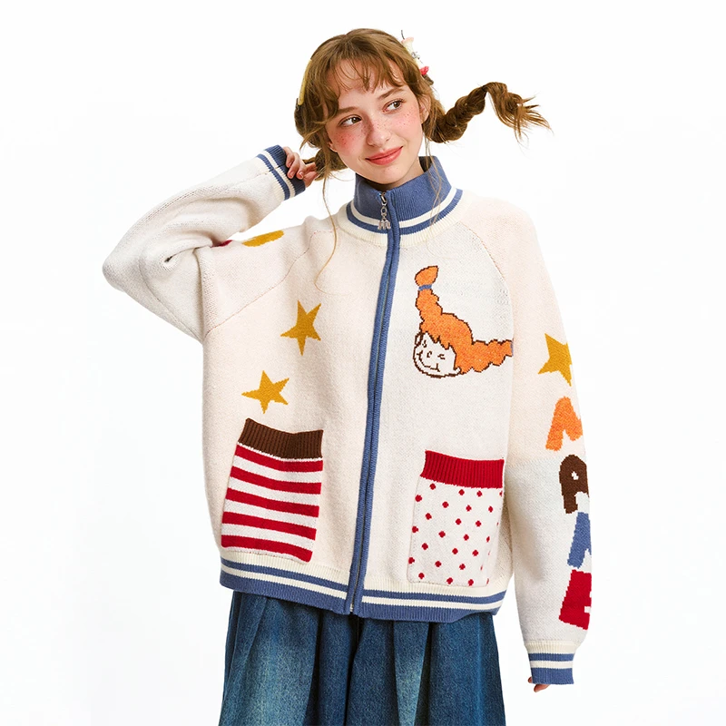 玛速主义冬季趣味提花拉链毛衣2025年宽松休闲针织开衫学生上衣