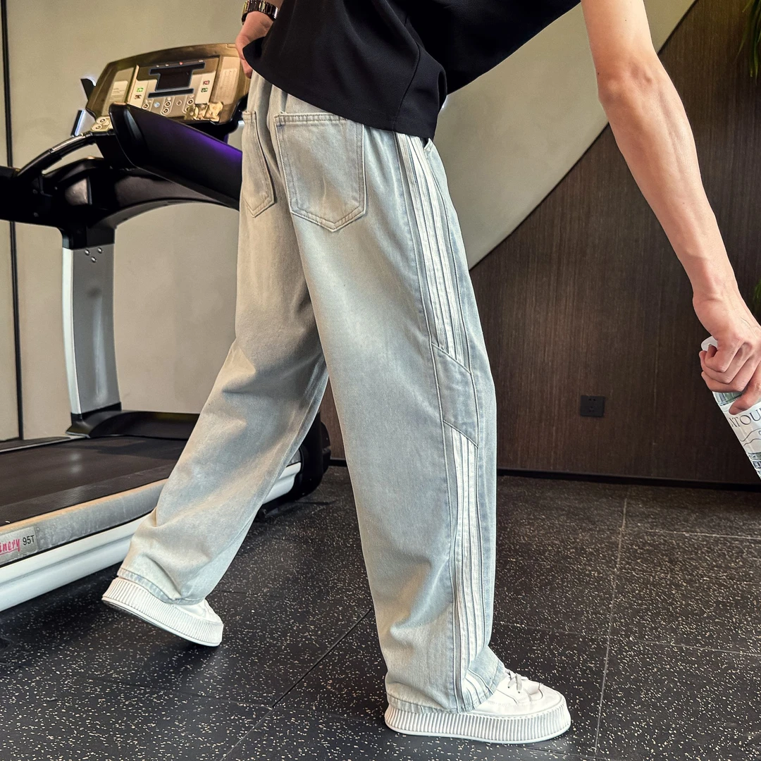 条纹拼接牛仔裤男士夏季薄款2025新款直筒宽松阔腿裤美式高街裤子