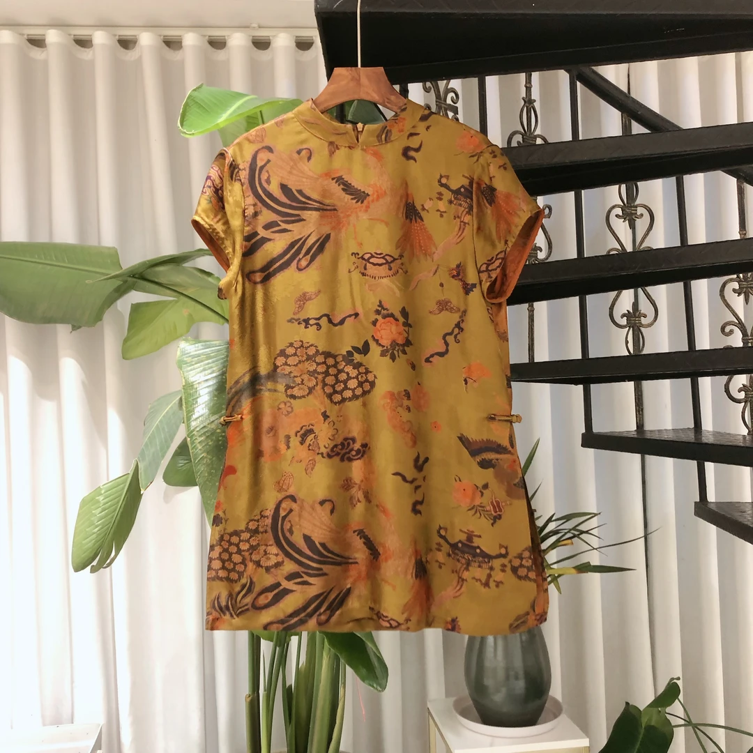 新中式凤凰衔花真丝香云纱提花印花立领盘扣开衩上衣