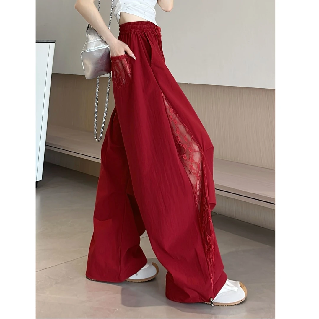 蕾丝拼接镂空阔腿裤女2025年新款高腰设计感宽松显瘦休闲裤