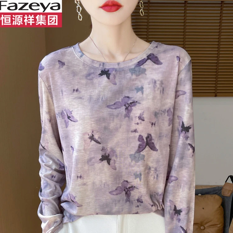 恒源祥彩羊秋季时髦显瘦水墨印花长袖打底衫独特漂亮小衫T恤薄款