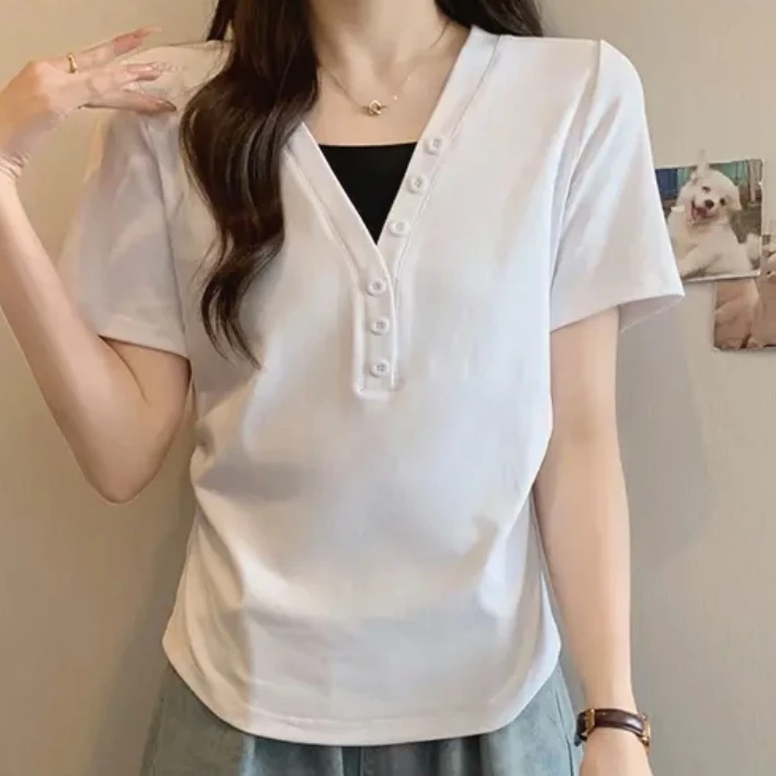 短袖宽松型款遮肉标准V领辣妈肚子大码上衣白色T恤抖音无显瘦包