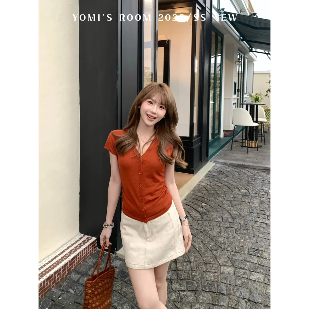 YOMI小个子【维尼画册】红色收腰百搭毛针织衫休闲短袖上衣女夏季