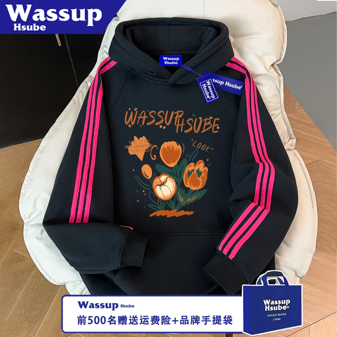 WASSUP HSUBE美式艺术花卉卫衣印花男女宽松秋冬三条杠连帽上衣