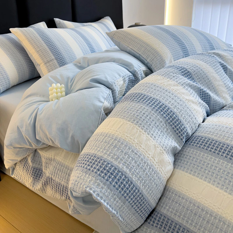 华夫格纯棉四件套三件套100%全棉色织提花人字纹渐变色亲肤透气