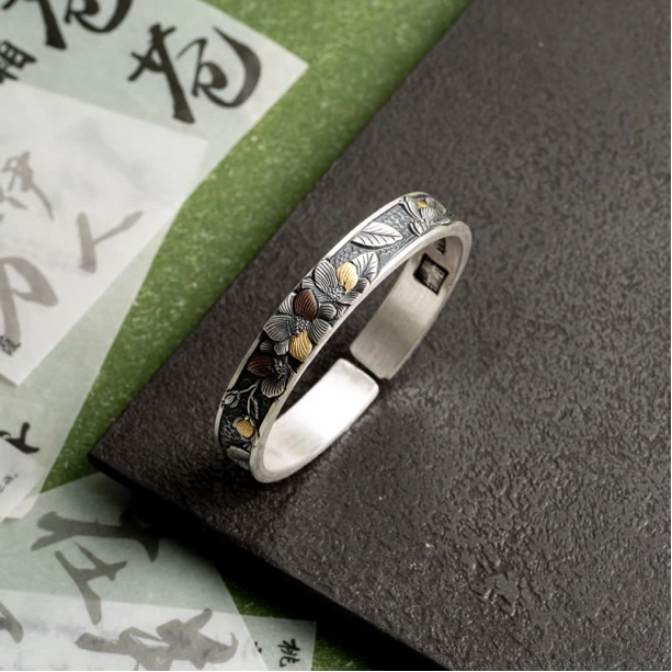 足银手镯  茉莉花丨纯手工錾刻金银错工艺小清新设计感手镯约52g