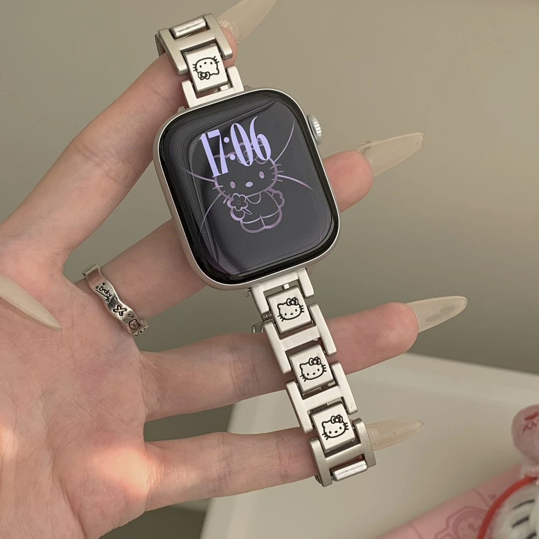 适用AppleWatchS9苹果7手表iwatchS10表带kt猫滴油S8金属SE蝴蝶扣