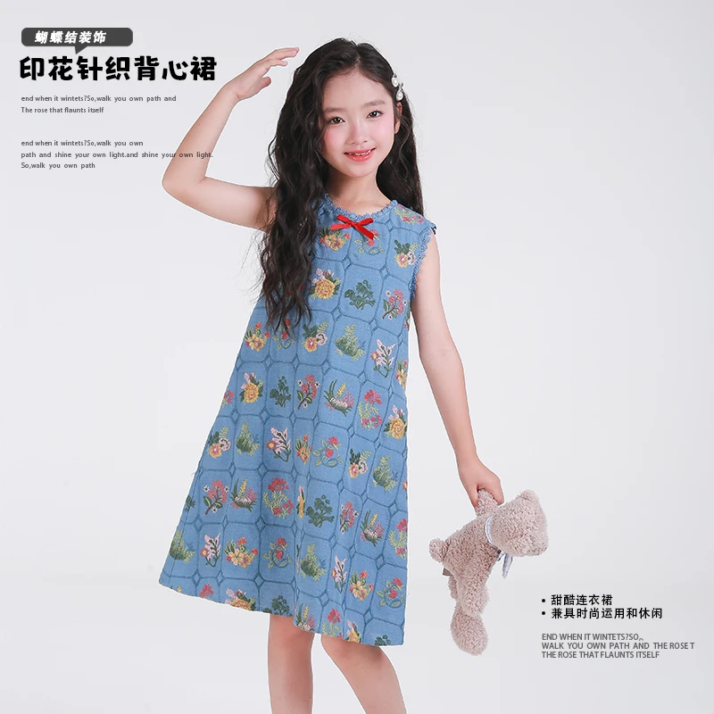 清仓53770女童连衣裙印花针织背心裙2025夏季复古花朵无袖裙子