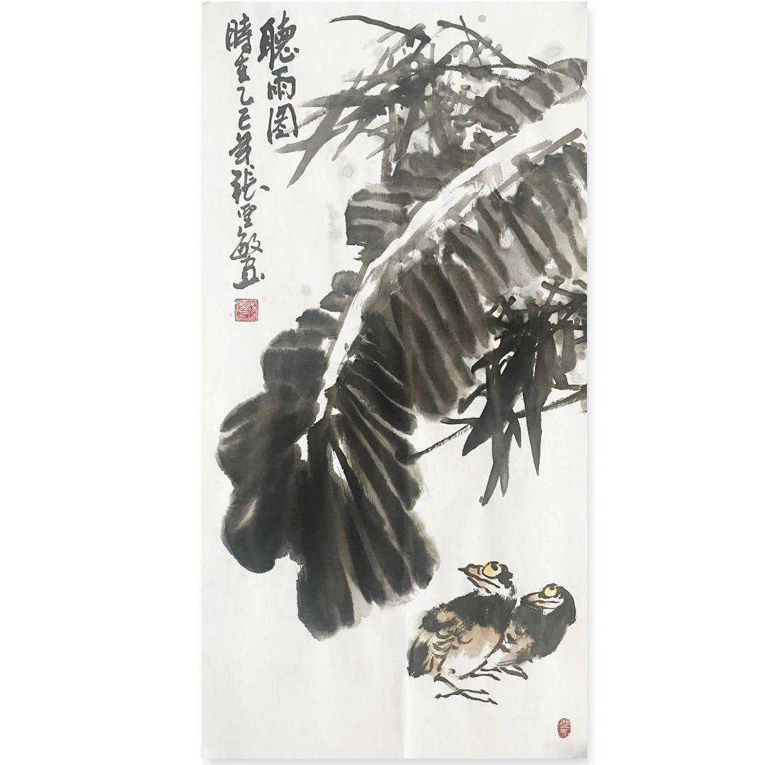 手绘花鸟画《听雨图》