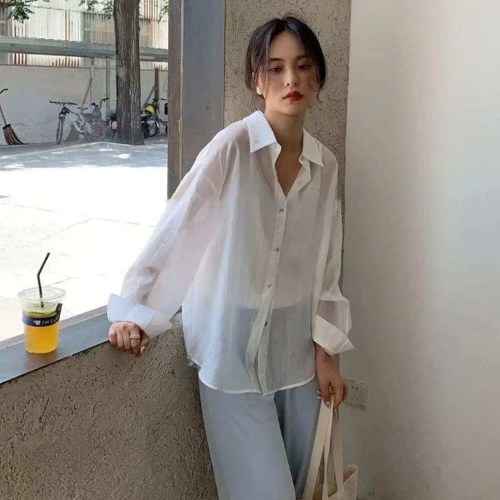 防晒夏季后背开叉天丝衬衣气质韩系长袖时尚薄款夏季设计感防晒