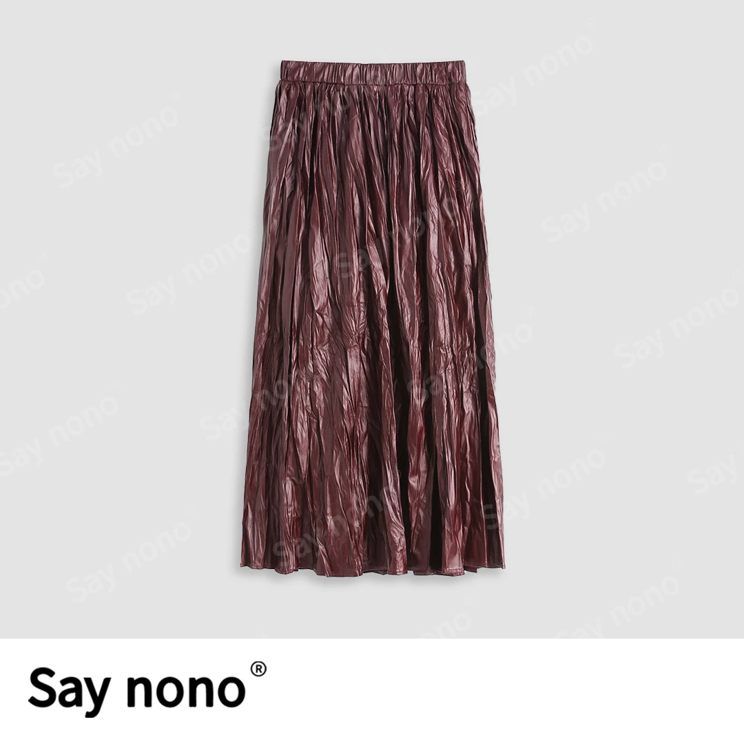 懒猫nono│Saynono 枯叶褶皱＿光泽感不规则压褶半身裙/DZMZ37275