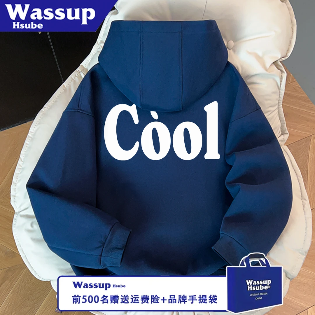 WASSUP HSUBE百搭印花休闲宽松拉链简约字母连帽长袖秋冬情侣上衣