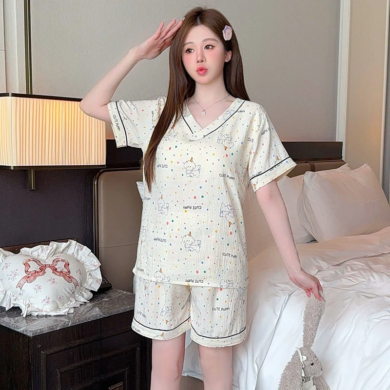 睡衣女夏季带胸垫短袖两件套爆款新款薄减龄外穿宽松家居服套装