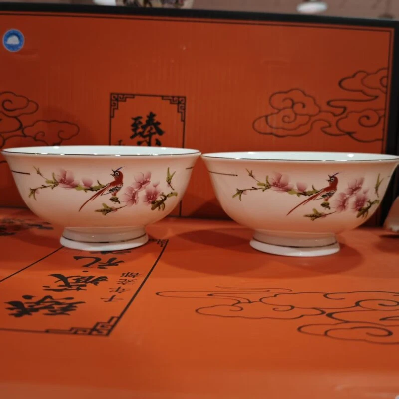 567薄胎水点桃花6.5英寸描金高脚碗