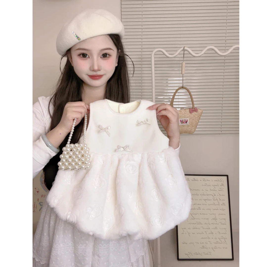 女宝宝加绒公主裙女童小香风周岁礼服裙冬装千金风玫瑰白色连衣裙