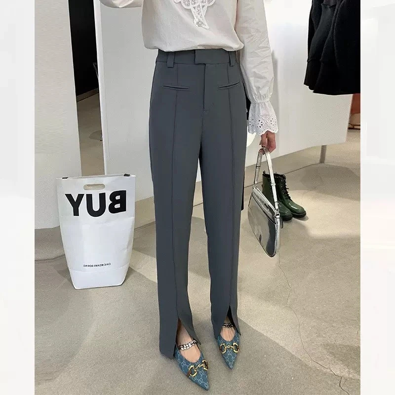 801#西装裤垂感高级开叉高腰显瘦直筒阔腿裤女春夏季休闲长裤