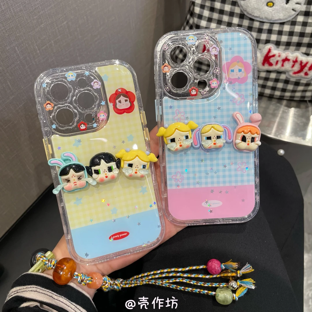 日韩格纹立体哭娃适用苹果iPhone16/14/15防摔全包手机壳保护套