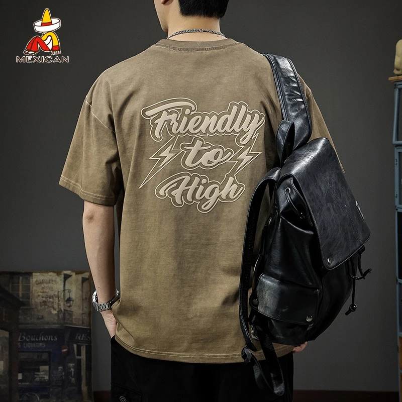 Mexican/稻草人美式重磅复古印花男士t恤短袖夏季宽松大码体恤潮T