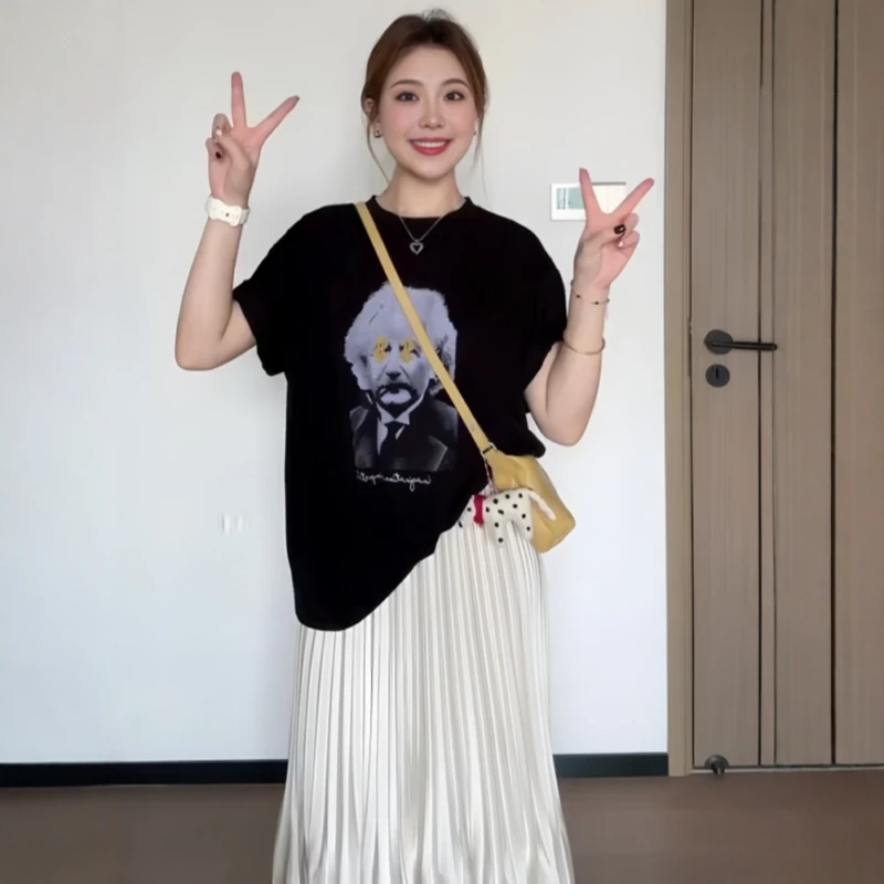 2025夏季新款美式复古印花短袖T恤宽松上衣搭配百褶半身裙两件套