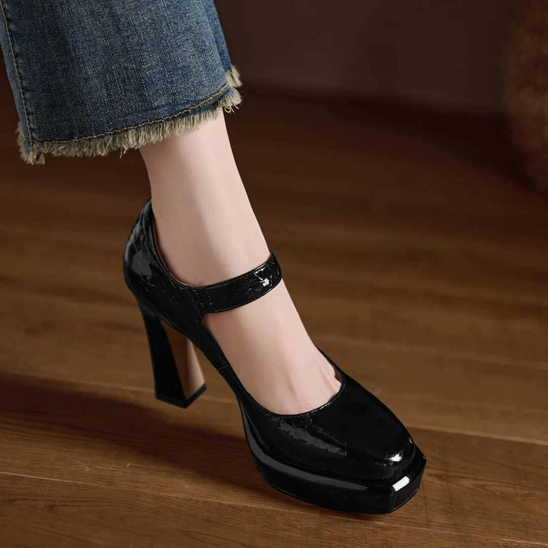 小个子手工女鞋10cm~粗跟防水台高跟鞋千金风法式玛丽珍鞋单鞋女