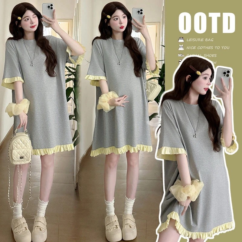 孕妇装2025夏季新款小个子显瘦宽松薄款荷叶边中长款外穿连衣裙