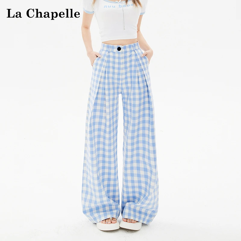 【拉夏贝尔】2025秋季新款复古高腰宽松阔腿裤显瘦格子裤直筒休闲裤