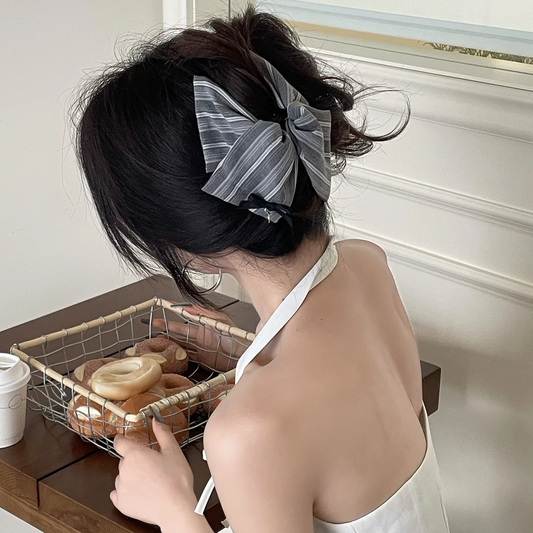 韩系老钱风～新款条纹三角蝴蝶双层抓夹加大13厘米慵懒感发夹