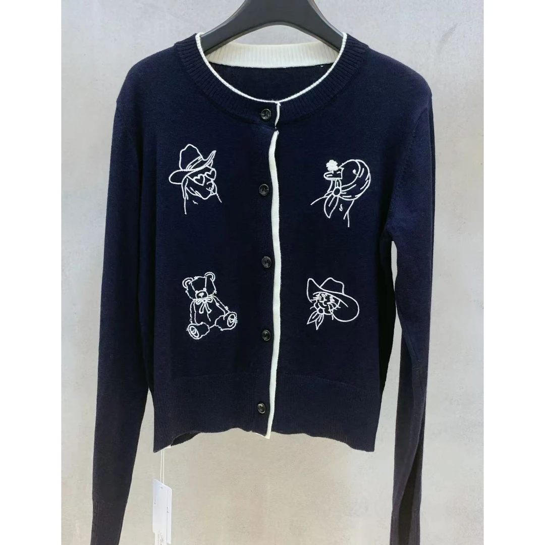 （珊珊）轻奢针织藏青色刺绣针织外套休闲上衣长袖毛针织衫