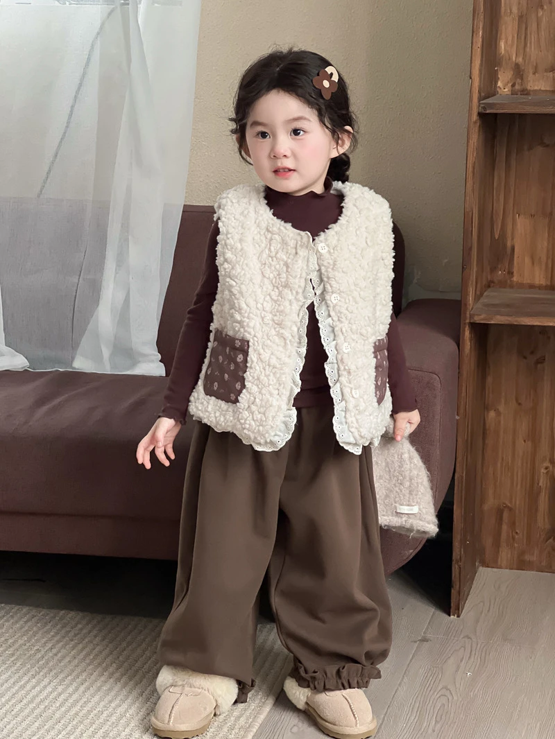 女童秋冬新款毛绒背心韩版女宝宝可爱夹棉马甲儿童碎花拼接毛外套
