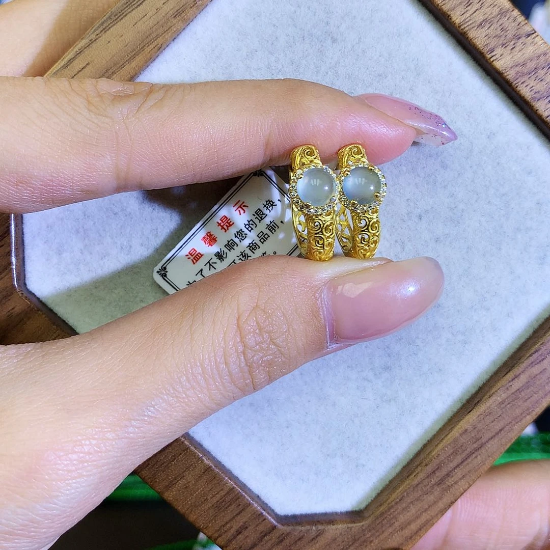 翡翠耳饰银S925镶嵌天然翡翠耳包