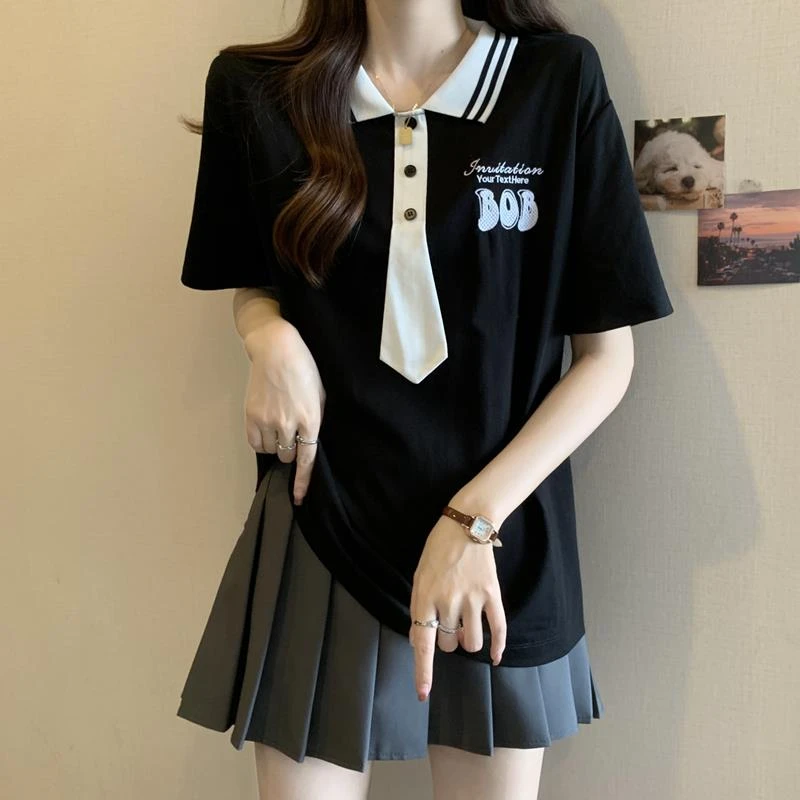 大码女装学院风设计感POLO领短袖T恤女夏季新款宽松撞色领带上衣