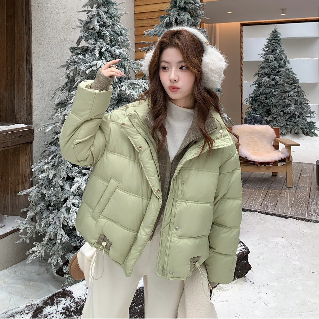绿色小清新90白鸭绒羽绒服女2025冬季新款假两件防风保暖短面包服