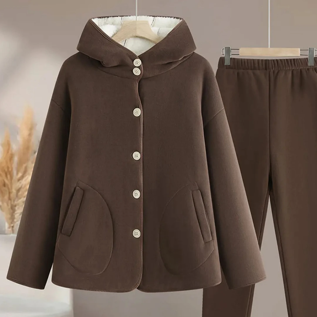 韩版三层加厚女式睡衣冬款简约小白扣韩系连帽三层加厚家居服套装