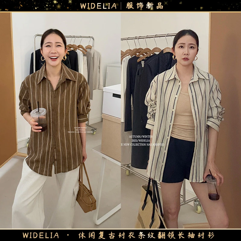 widelia陈魅儿2025春夏新款 休闲复古衬衣条纹翻领长袖衬衫716925
