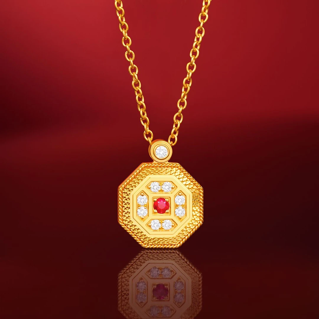 东方工匠八方来财 时尚古法金手工花丝吊坠 足金项链