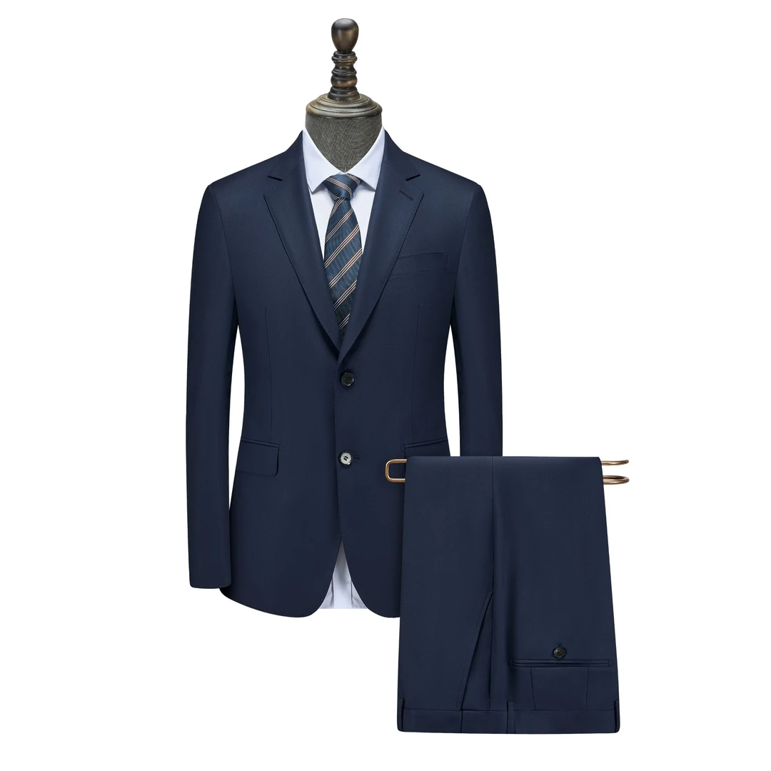 【藏青色上衣+裤子】80羊毛+10桑蚕丝+半麻衬男士西服商务/结婚