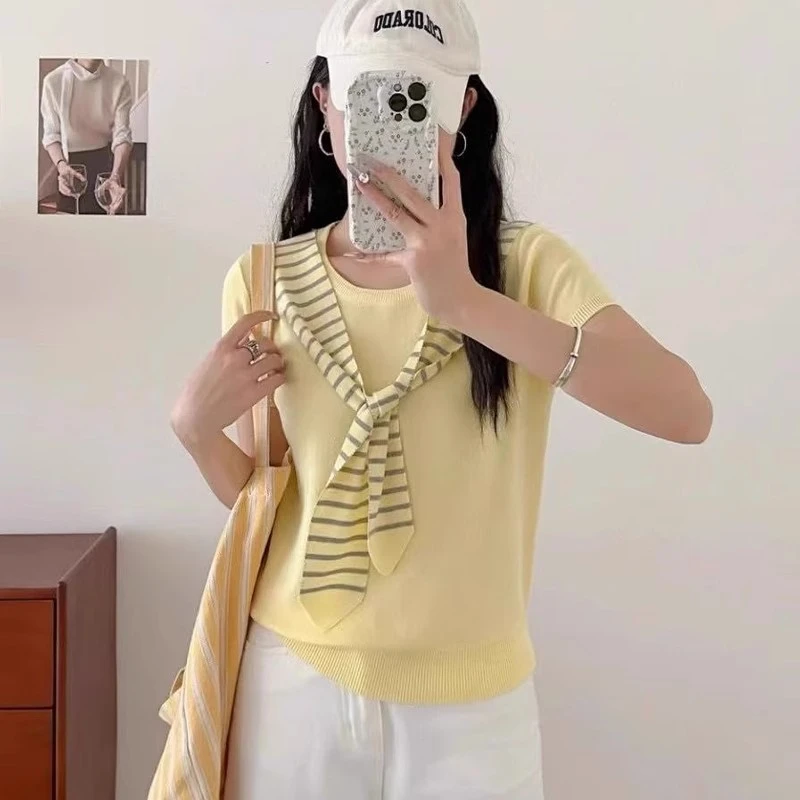 夏季新款短袖针织衫条纹披肩外搭薄款女夏季护颈小坎肩上衣潮流女