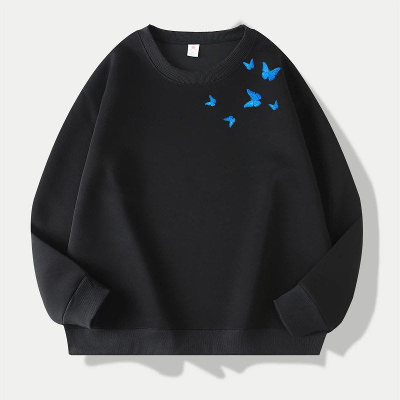 冬季保暖必备！蓝色蝴蝶刺绣纯棉卫衣 情侣款 重磅450G 宽松舒适