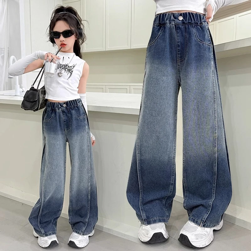 2025新款女童牛仔裤春秋款儿童裤子女孩阔腿裤中大童初中生弯刀裤