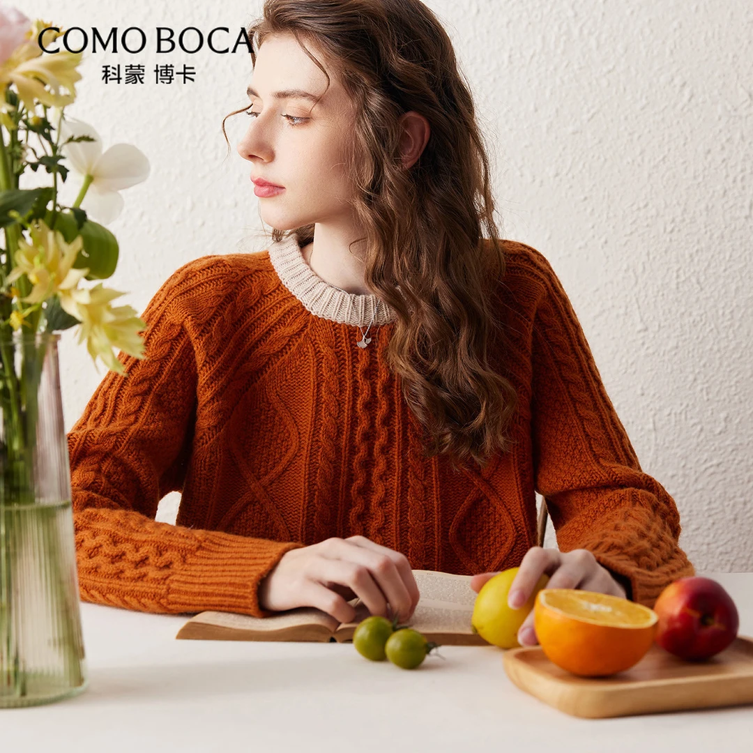 COMOBOCA/科蒙·博卡秋冬撞色绞花女士百搭羊毛衫KSRLH23059R1