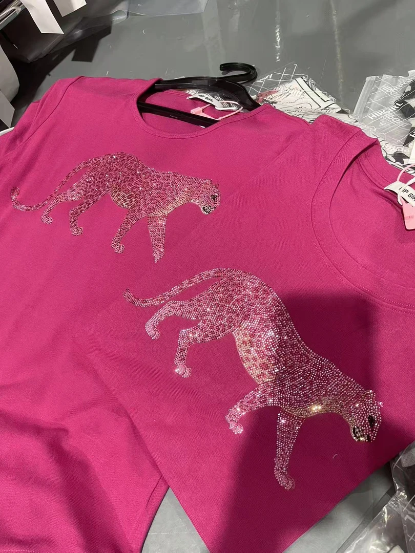 包嫂【W1158粉色粉豹钻款】短袖t恤女打底半袖上衣休闲夏季2025款重