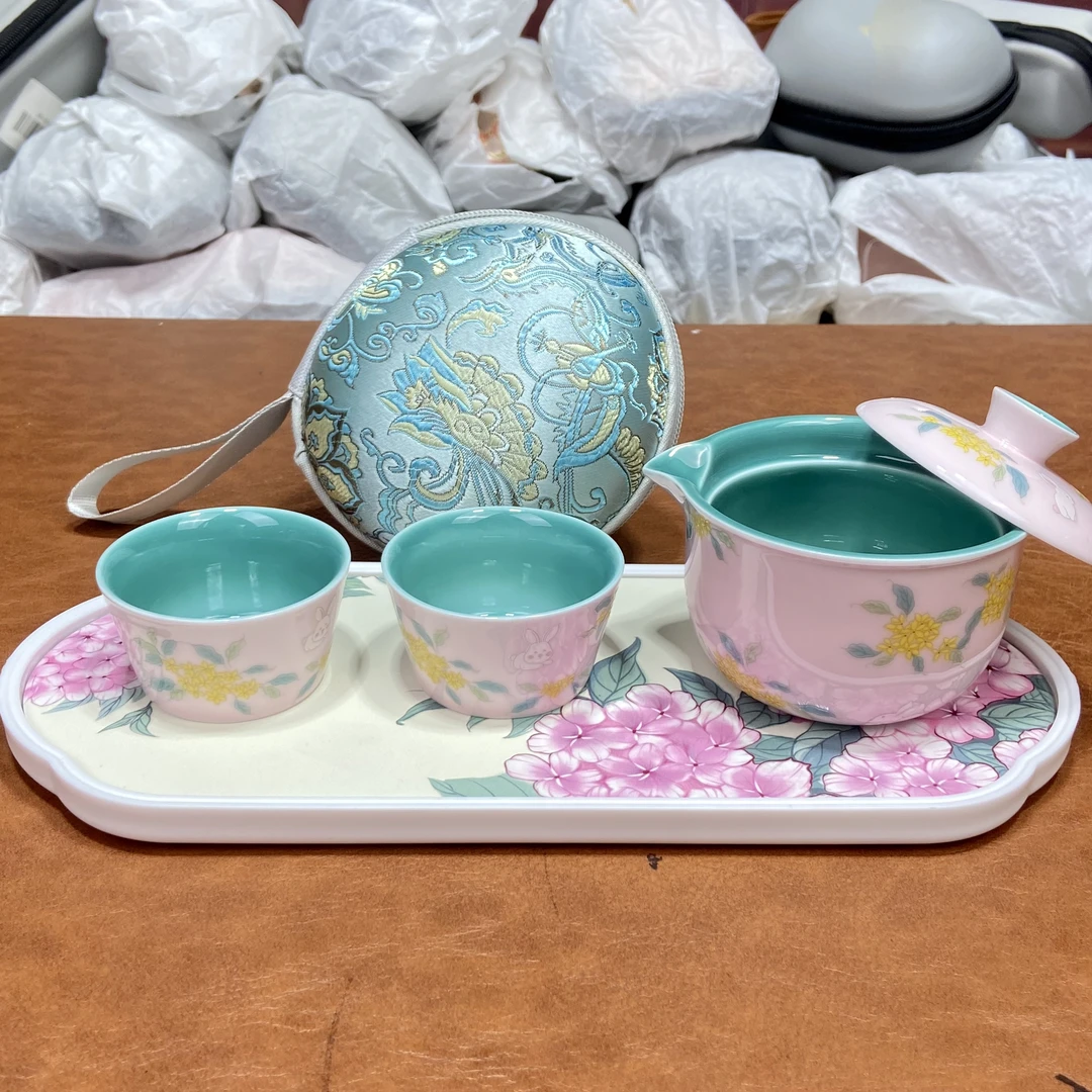 zh3725-粉色桂花兔悬停旅行快客一壶两杯带包带茶巾