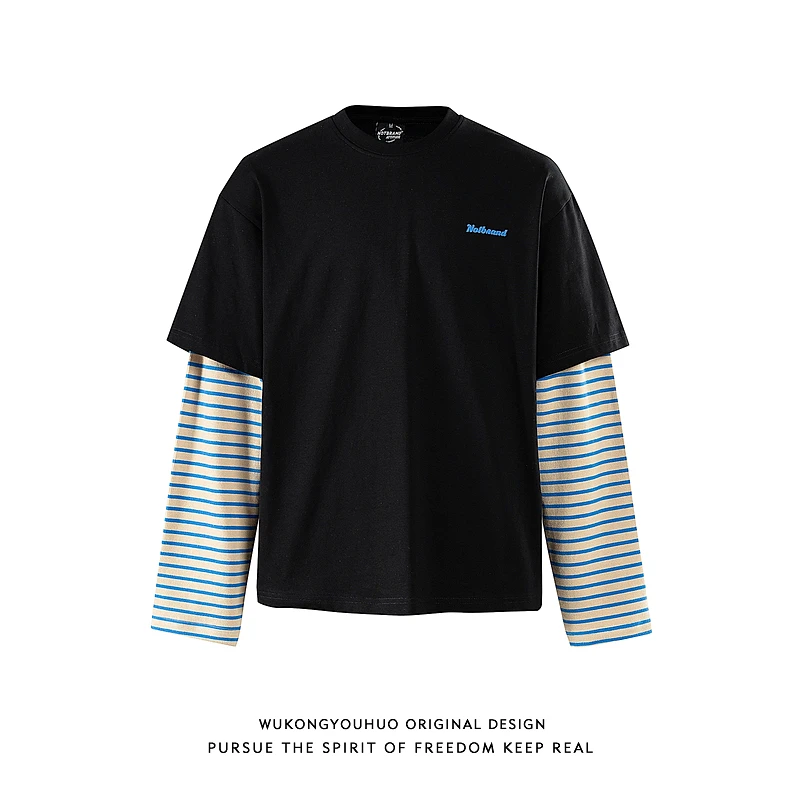 悟空有货美式潮牌条纹假两件拼接长袖T恤男复古情侣小众百搭上衣