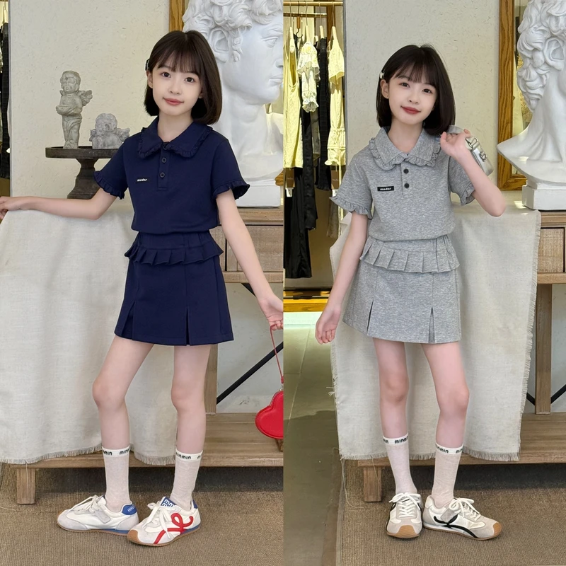 木耳边polo领上衣半身裙裤休闲运动套装2025中大童夏装穿搭一整套