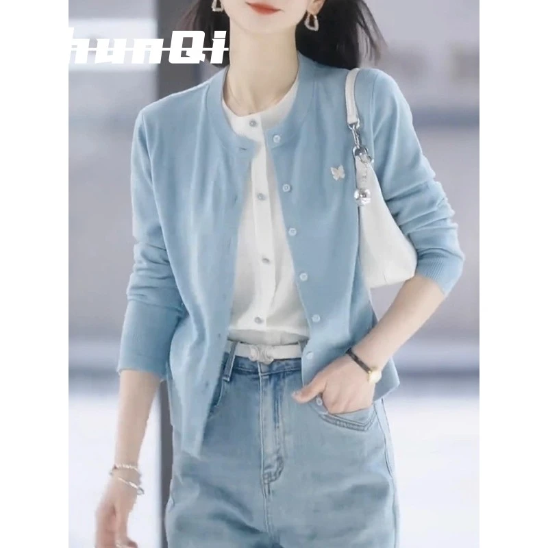 淳启假两件蓝色针织开衫女秋季大码胖MM软糯百搭毛衣外套显瘦上衣